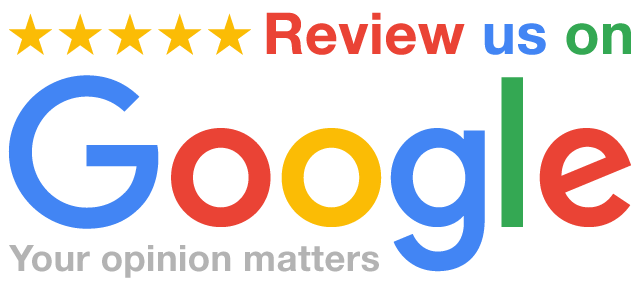 A graphic of five stars with text reading: Review us on Google! Your opinion matters